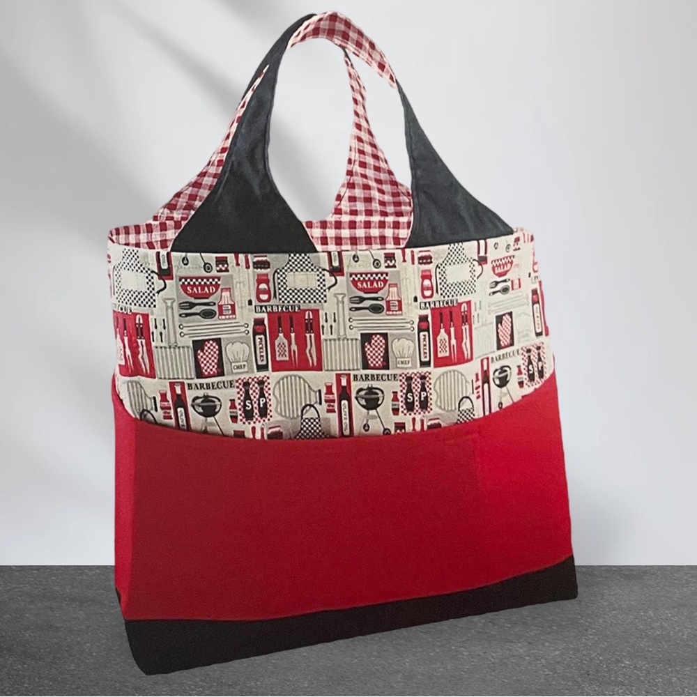 NEW BBQ/Grill Print Handmade One Of Kind Tote, Pockets, Faux Leather, Quilted